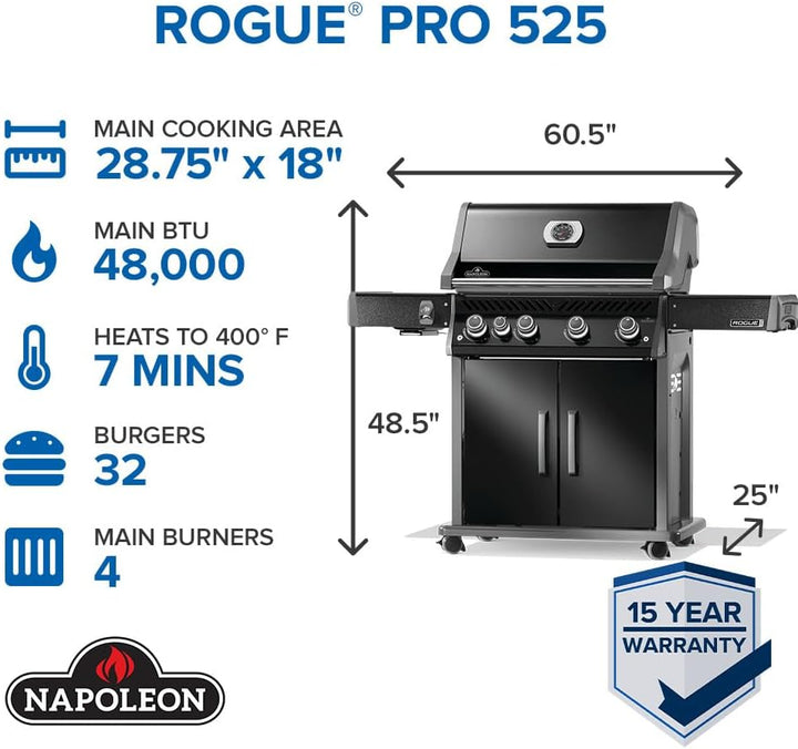 Rogue PRO 525 Natural Gas Grill with Infrared Side Burner, Black, Durable 5-Burner Cooking Surface
