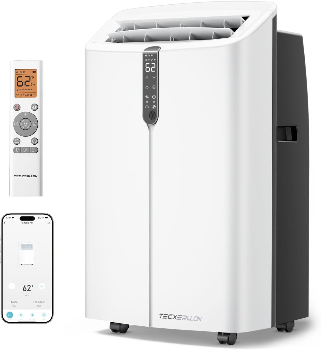 Portable air conditioner with remote control and smartphone app on a white background