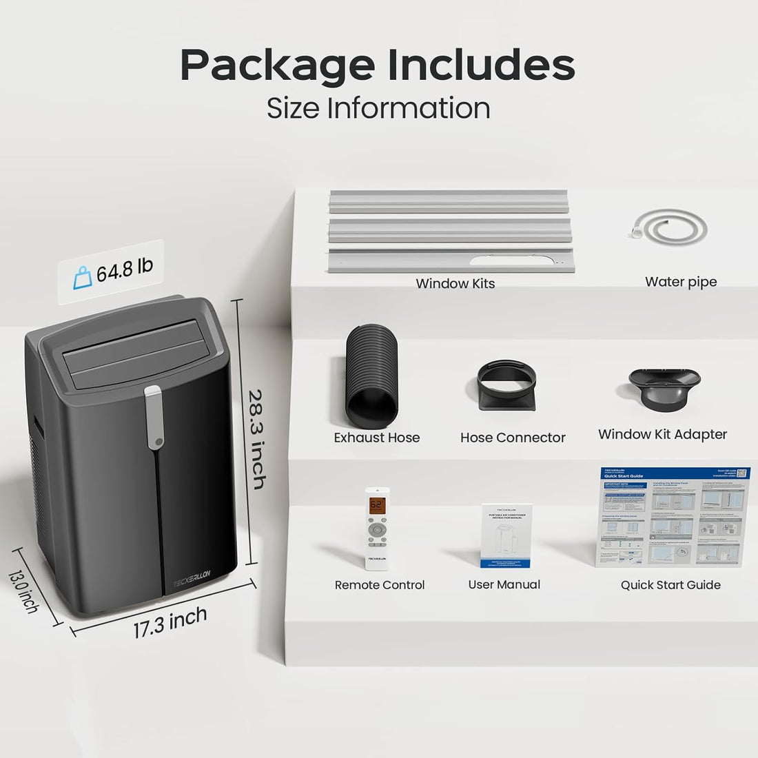 Package contents and size information for a window air conditioner. The image shows the dark gray window kit unit with dimensions (17.