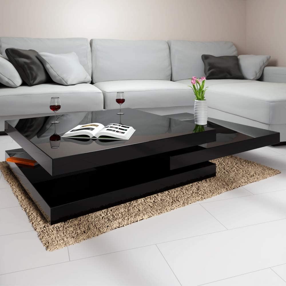 ® New High Gloss | Rotating Coffee Table | 360° Rotatable | Modern Contemporary Design | Height Adjustable Feet | 3 Tier Square Cube Living Room Side Table | 76X76Cm | Black