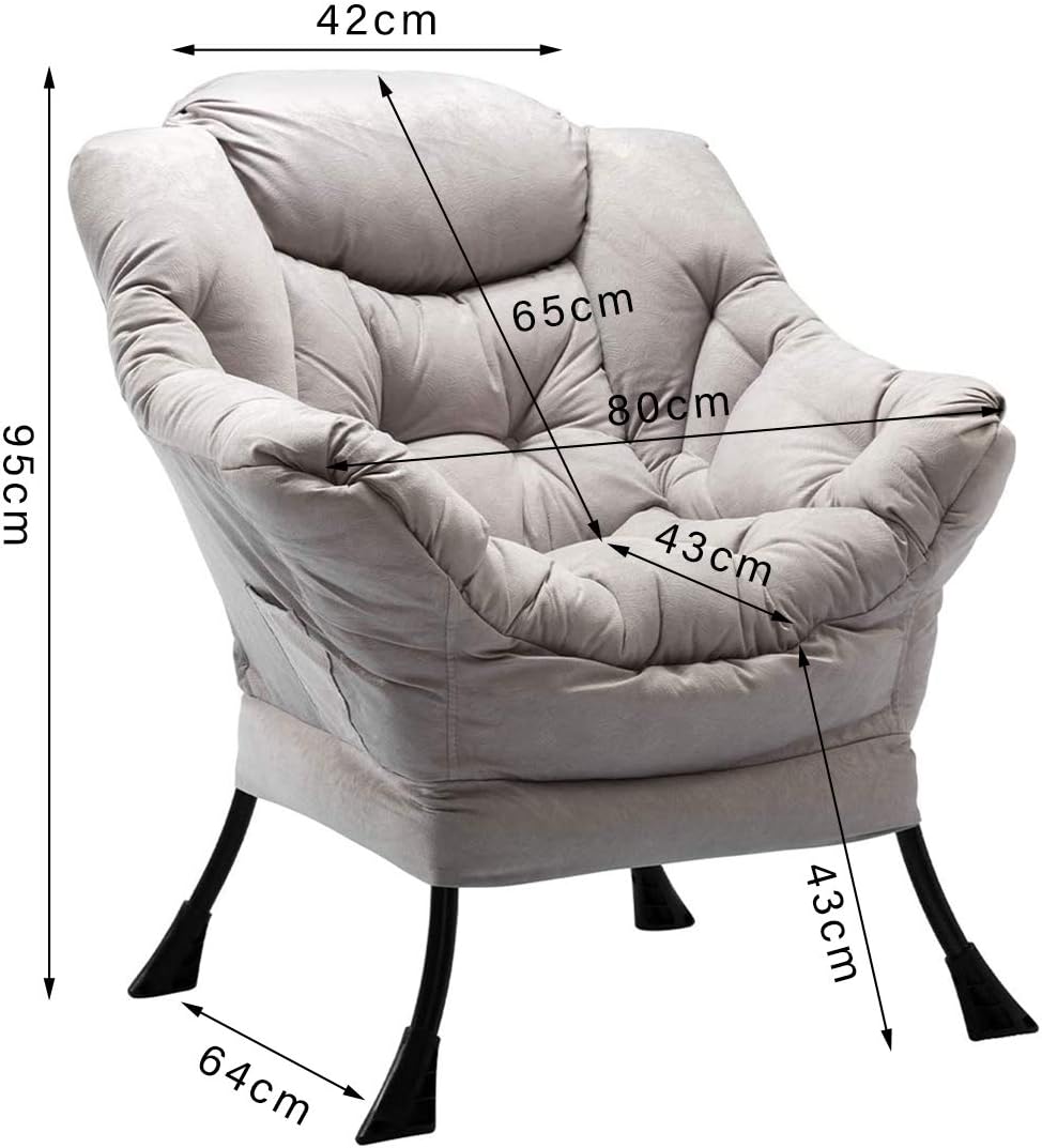 Lazy Chair Relax Lounge Chair with Armrests and Pocket Armchair Leisure Sofa with Modern Fabric and Steel Frame, Grey