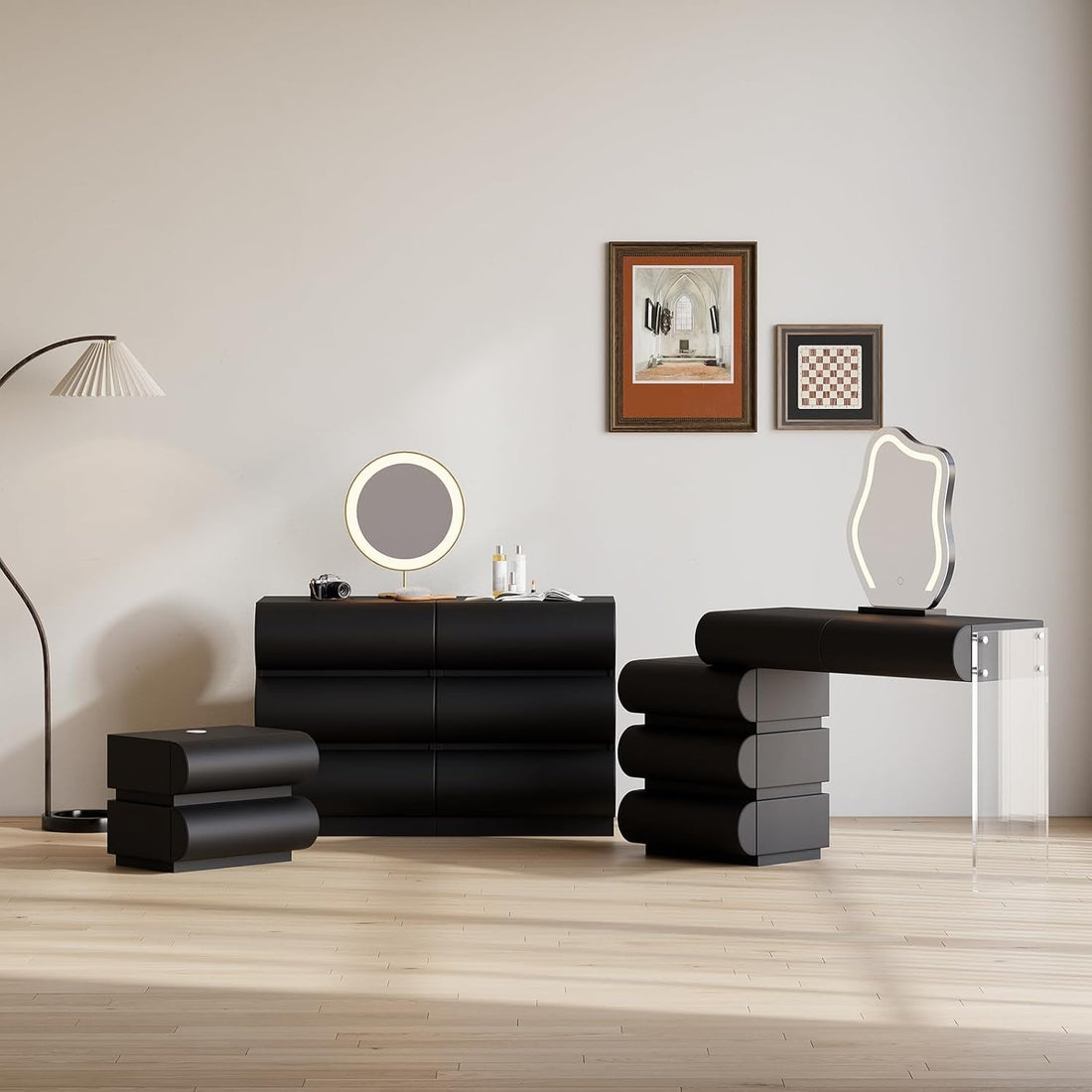 Smart Home Nightstand Modern Light Gray Leather Nightstand with Wireless Charger
