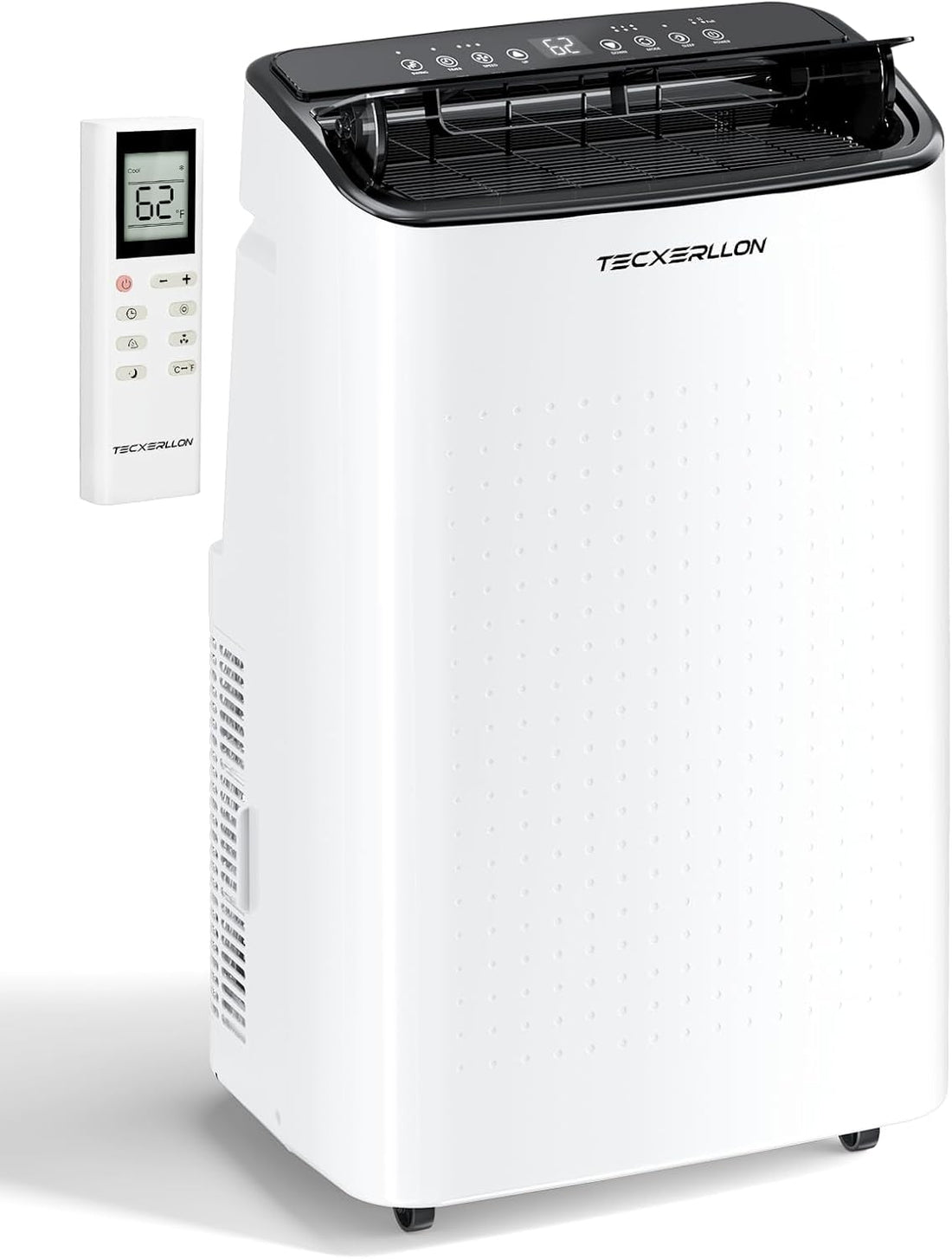 White portable air conditioner with digital display and control panel on a white background