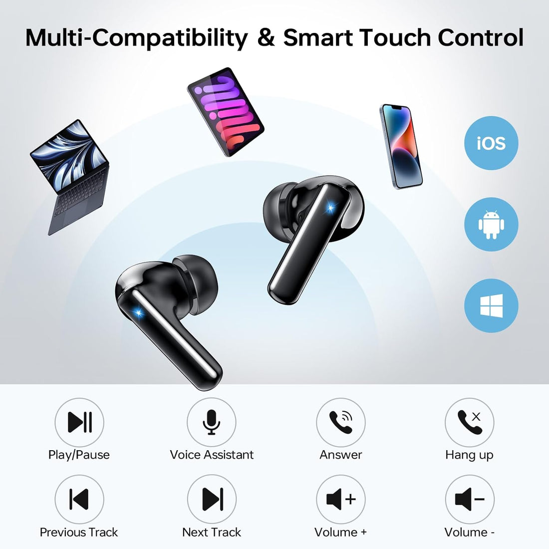 New Waterproof Wireless Earbuds, Bluetooth 5.3 Wireless Earphones in Ear with ENC Noise Cancelling Mic, Clear Sound, , Touch Control Bluetooth Earphones for Ios/Android/Sport (Black)