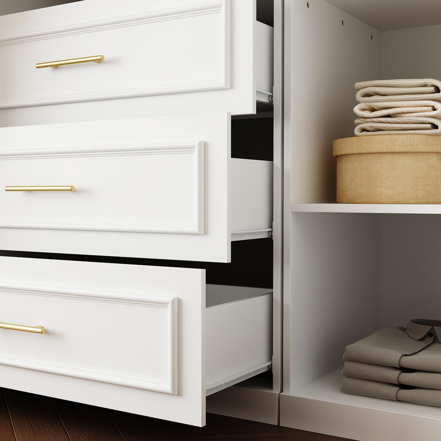 White wardrobe with open drawers and shelves containing folded clothes and a woven basket.