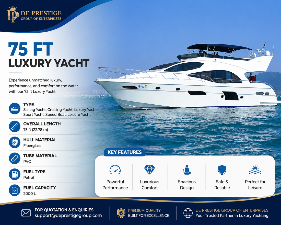 Super Luxury 75 ft Fiberglass Personal Luxury Yacht for Sport and Leisure