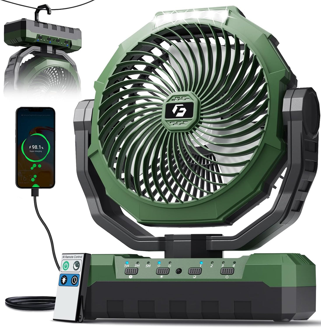 3-In-1 Camping Fan - Portable Fans Rechargeable - 24000Mah Battery Powered Fan with Light & Remote for Indoor, Outdoor, Tent, Travel, Fishing, Jobsite, Gifts for Men Dad Him - Green