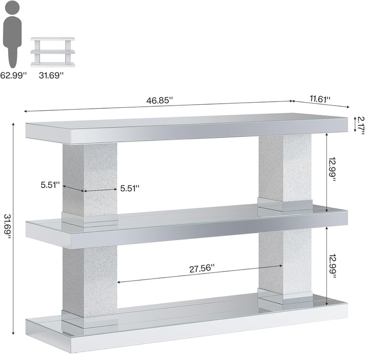 Mirrored Table, 46" Silver Entryway Table with 3-Tier Storage 