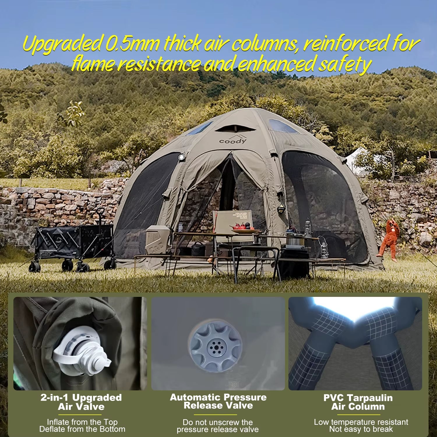 Coody Dome Air Tent-Army Green Large Luxury Waterproof Cotton Durable Travel Camping Family Geodesic Outdoor Inflatable Tent