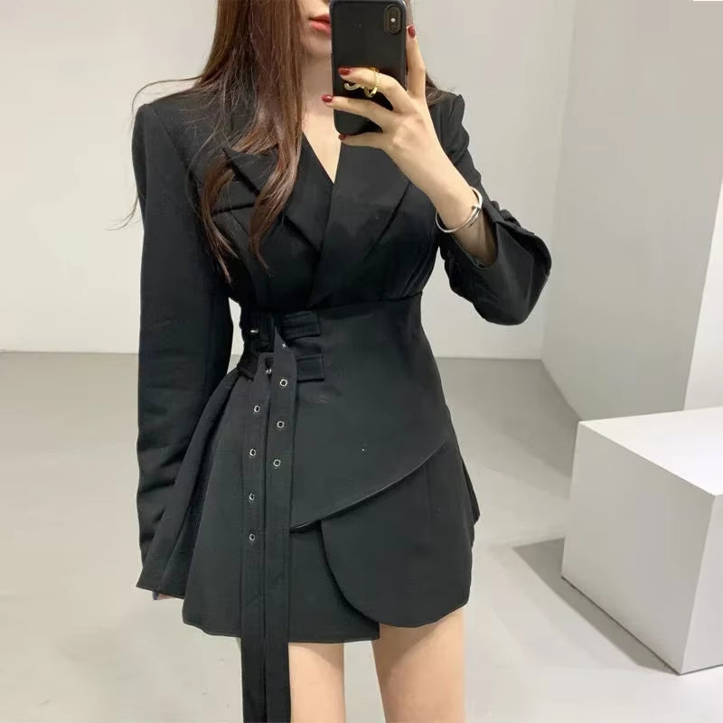 New Fusion Contrast Color Fashion Blazer Dresses for Women High Waist Trendy Wear