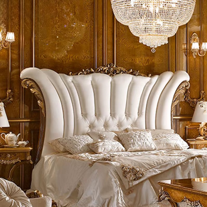 Luxury French Royal White Velvet Fabric King-Size Antique Bed 