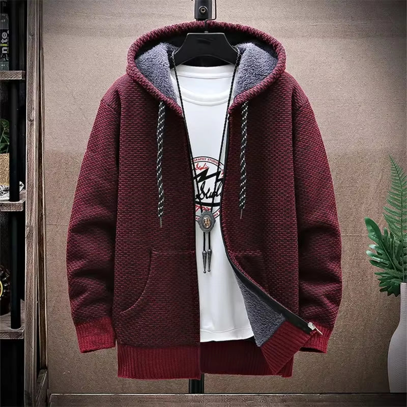 Winter Fleece Sweatercoat Men Thick Warm Hooded Kintted Mens Sweater Cardigan Solid Casual Knitting Jacket Coat Male Clothing