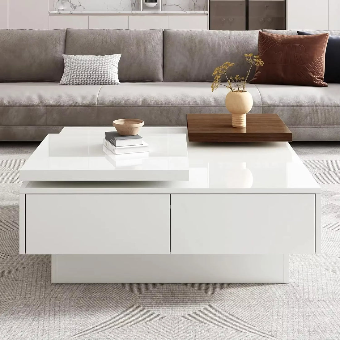 Modern 2024 Elite Design Coffee Table with Drawers, Modern Square, High Gloss Center Table with Storage and Removable Top