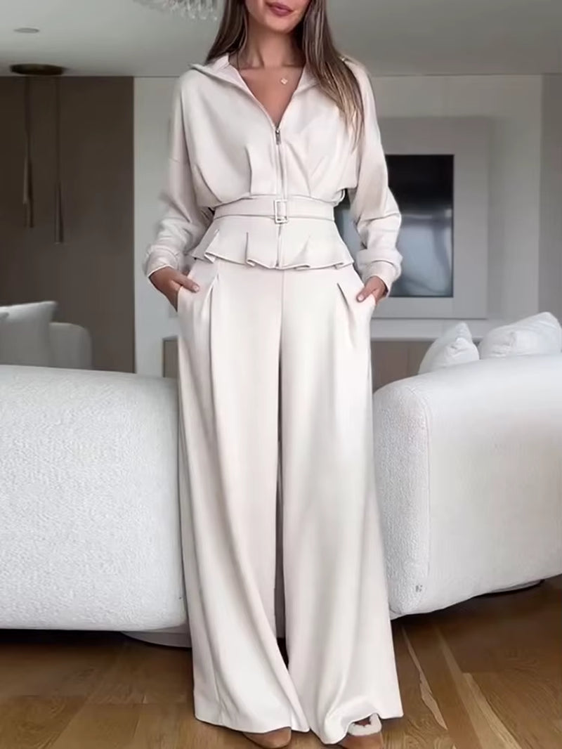 New Autumn Winter Women's 2 Piece Suit Zipper Jacket with Wide Leg Pants 