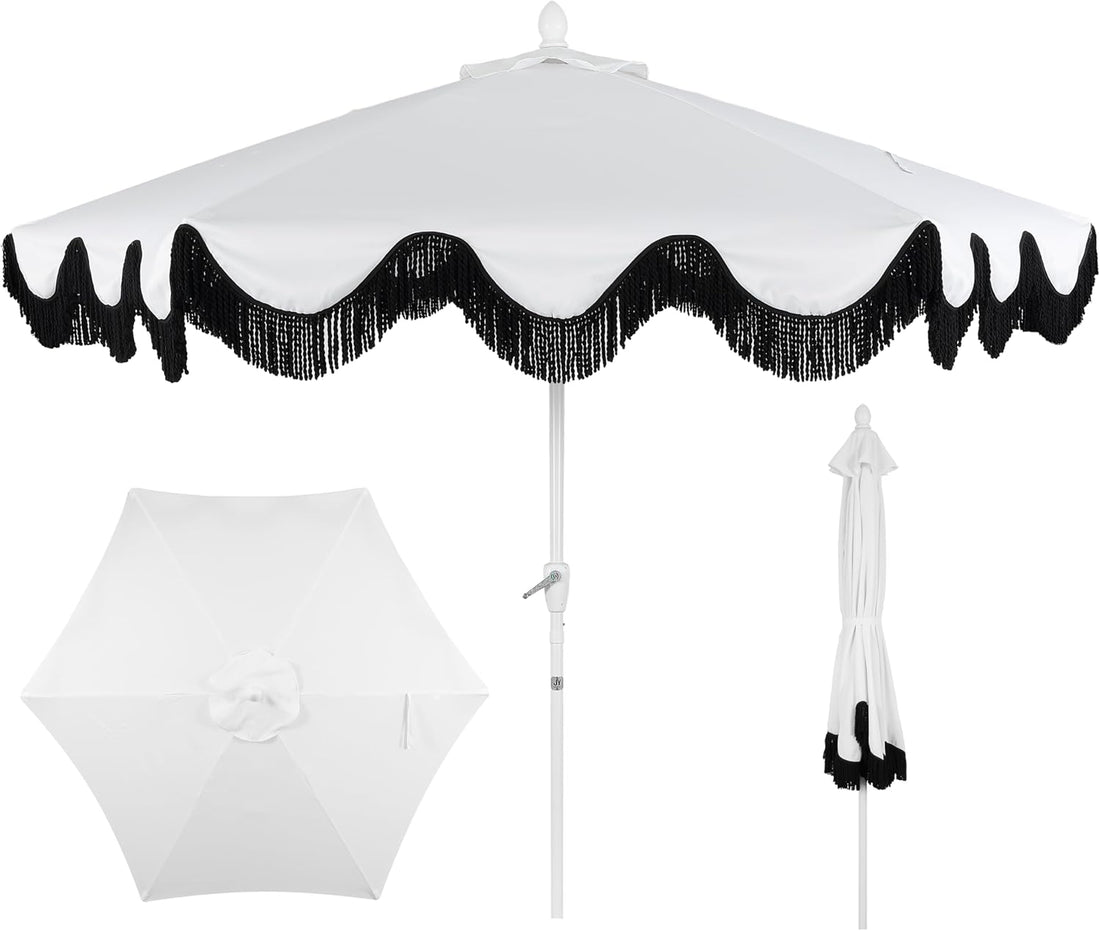 UMB1001 Collins 9 Ft. Classic Cottage Tassel Market Patio Umbrella with Auto-Tilt, Crank, Wind Vent and UV Protection
