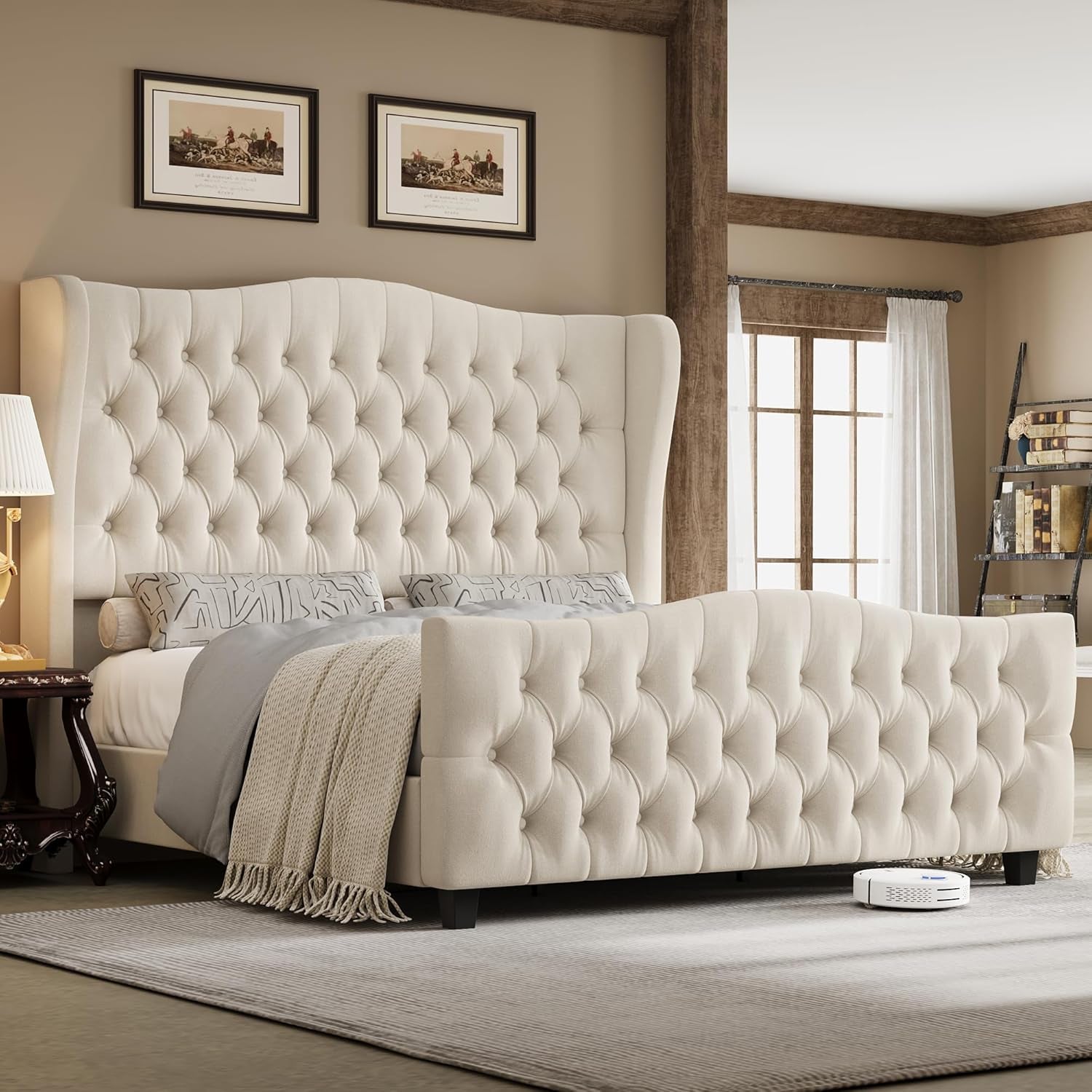 Queen Size 54.3” Tall Platform Bed Frame with Deep Tufted Style