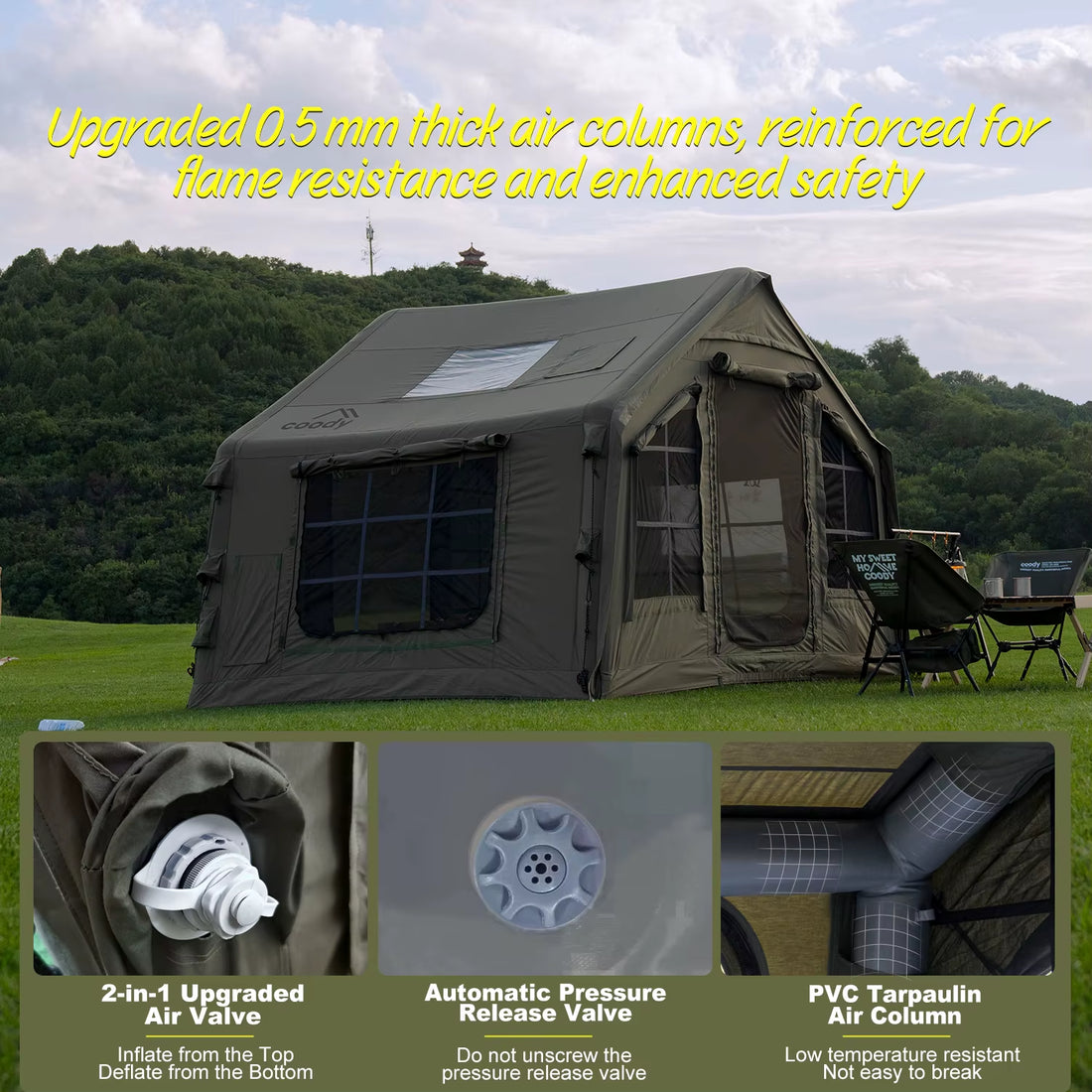 Coody 8.0 Air Tent-Army Green Cotton Fabric Family 3-6 Person Portable Luxury Durable Inflatable Outdoor Folding Portable Tent