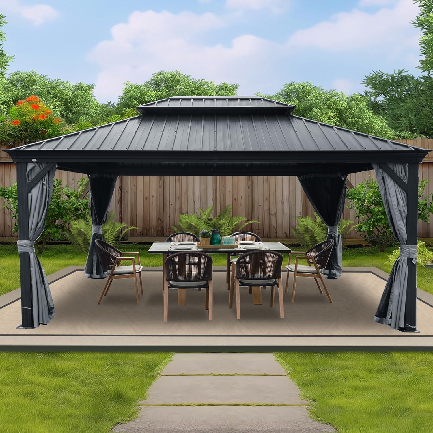 Modern Hardtop Aluminum Metal Gazebo with Galvanized Steel Double Roof 