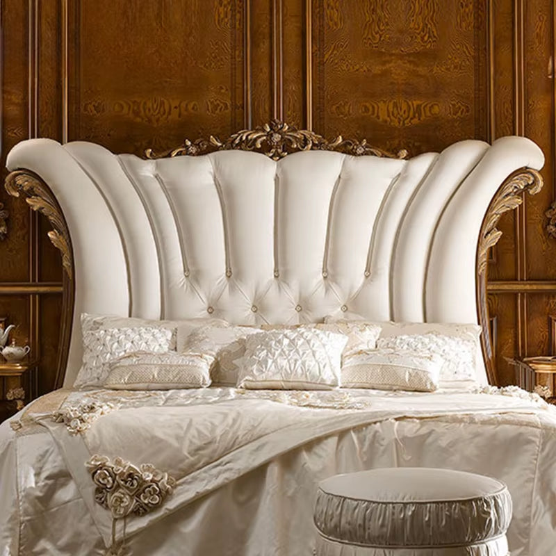 Luxury French Royal White Velvet Fabric King-Size Antique Bed 