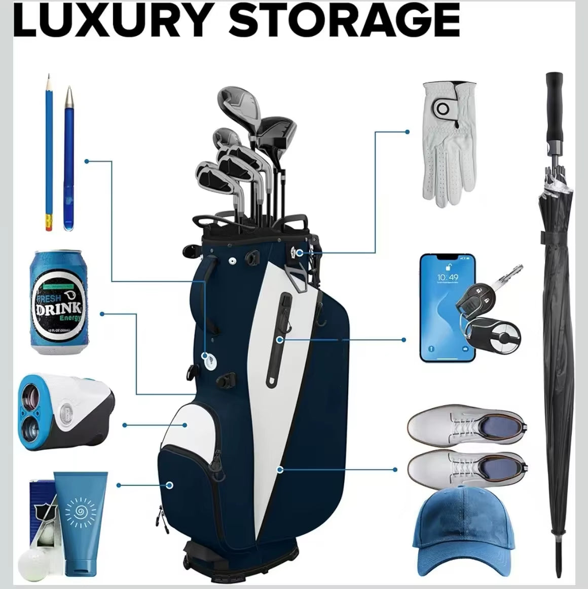 New Durable Golf Stand Bag with Large Capacity Storage, Premium PU Leather