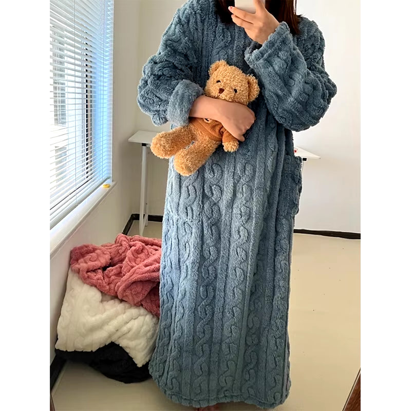 New Arrival Women Winter Thicken Night Dress Soft Coral Velvet Long Sleeve Nightgowns Solid Sleepwear Homewear