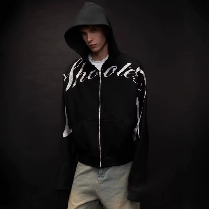 Mens Graphic Design Print Zipper Oversized Hoodie