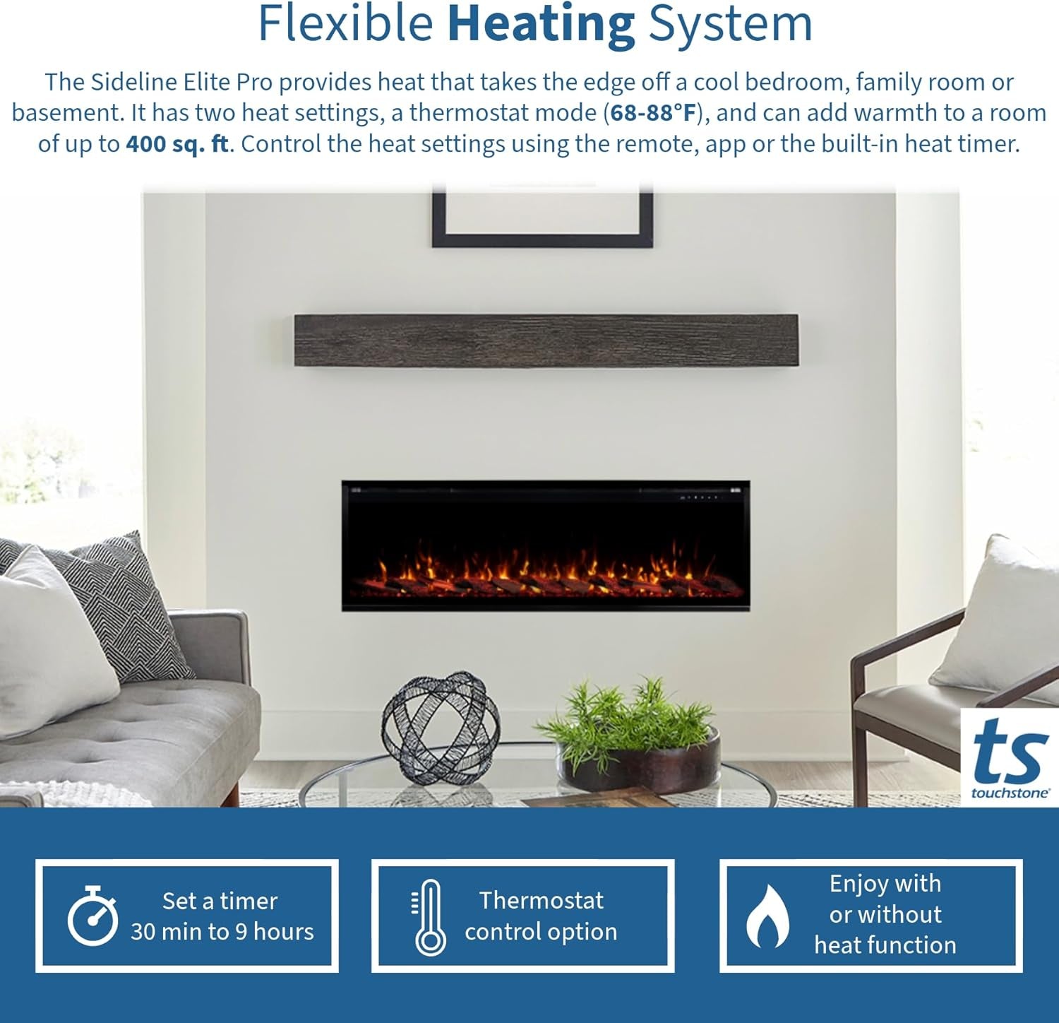 Smart Elite Pro 100" Smart Electric Fireplace 6 Realistic Flame 1500W Heater