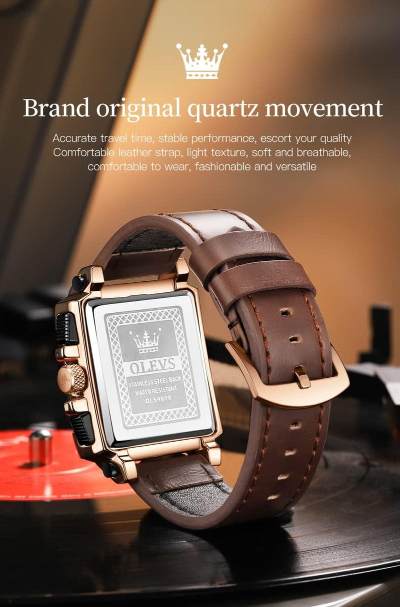 Vintage Square Watch for Men Genuine Brown Leather 