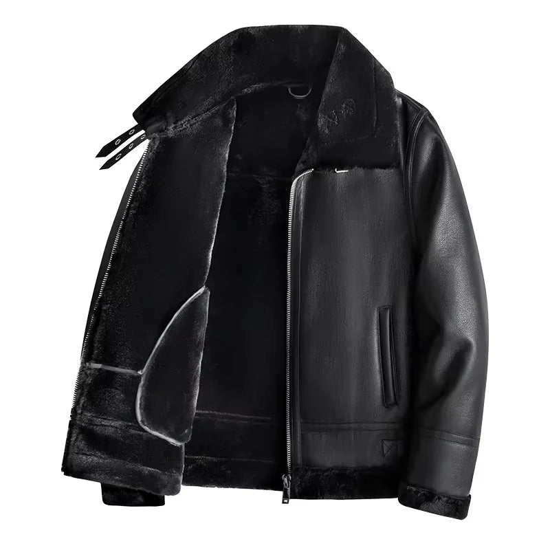 2024 New Men'S Fleece-Lined Thickened Leather Jacket Autumn/Winter Style Sheep Fur Integrated Jacket Loose Fit