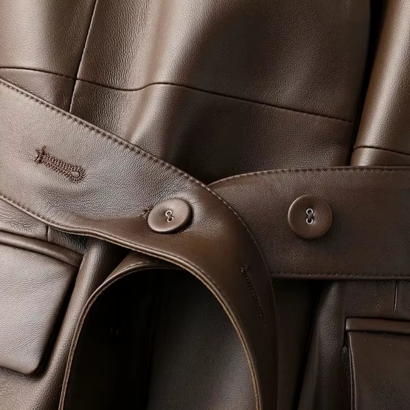 New Women Leather Jackets V-Neck Belt Design