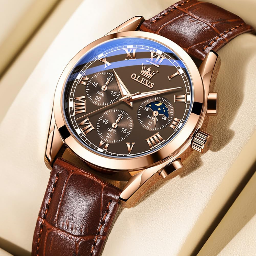 Mens Chronograph Brown Leather Watch Waterprood