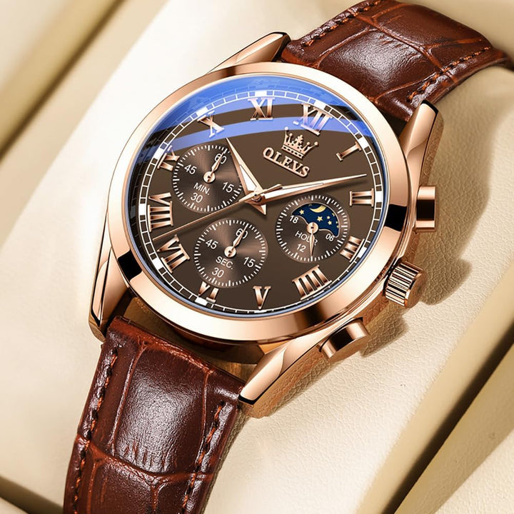 Mens Chronograph Brown Leather Watch Waterprood