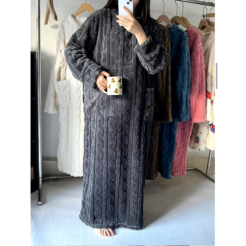 New Arrival Women Winter Thicken Night Dress Soft Coral Velvet Long Sleeve Nightgowns Solid Sleepwear Homewear