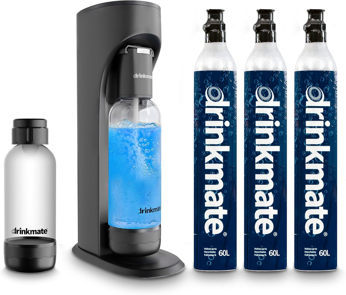 Omnifizz Sparkling Water Maker & Soda Streaming Machine | Carbonates Any Drink | ULTIMATE BUNDLE | Includes Three 60L CO2 Cartridges + Two Bpa-Free Bottles (Matte Black)