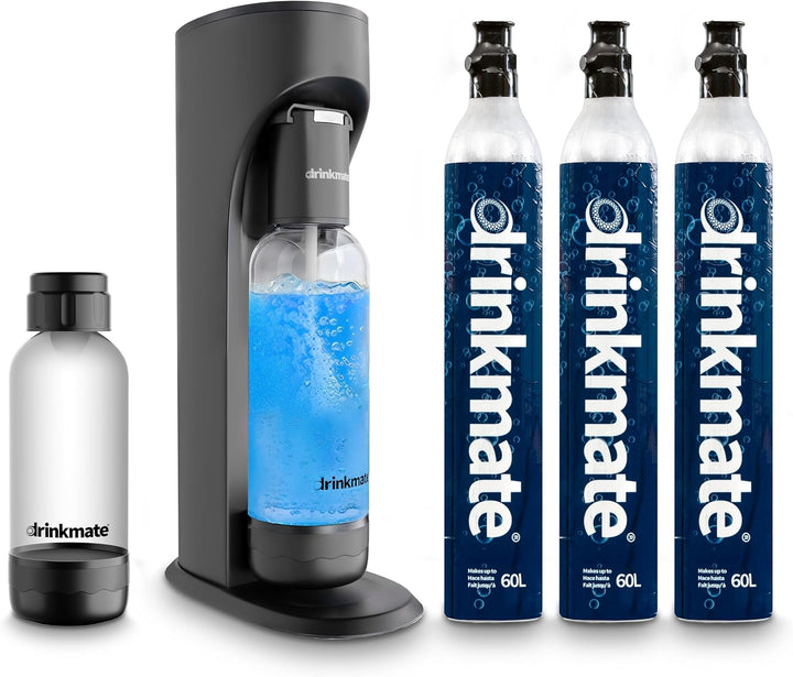 Omnifizz Sparkling Water Maker & Soda Streaming Machine | Carbonates Any Drink | ULTIMATE BUNDLE | Includes Three 60L CO2 Cartridges + Two Bpa-Free Bottles (Matte Black)