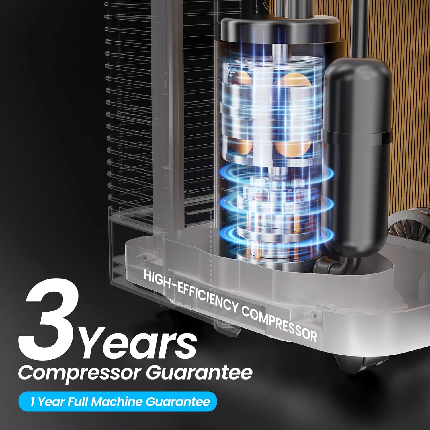 High-efficiency compressor with glowing blue interior on a dark background, featuring a 3-year compressor guarantee text.