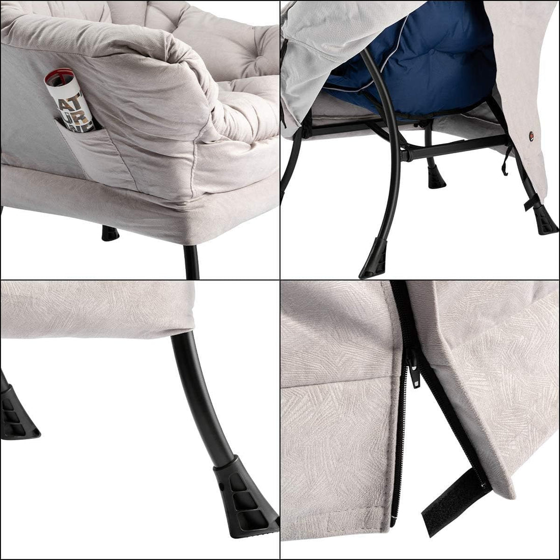 Lazy Chair Relax Lounge Chair with Armrests and Pocket Armchair Leisure Sofa with Modern Fabric and Steel Frame, Grey