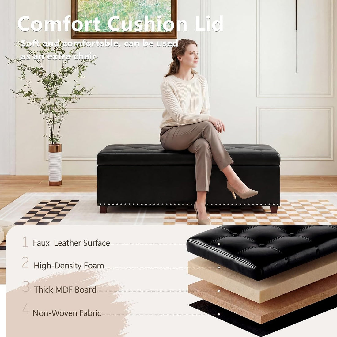 New Storage Ottoman Bench – 51" Leather Tufted End of Bed Bench for Bedroom