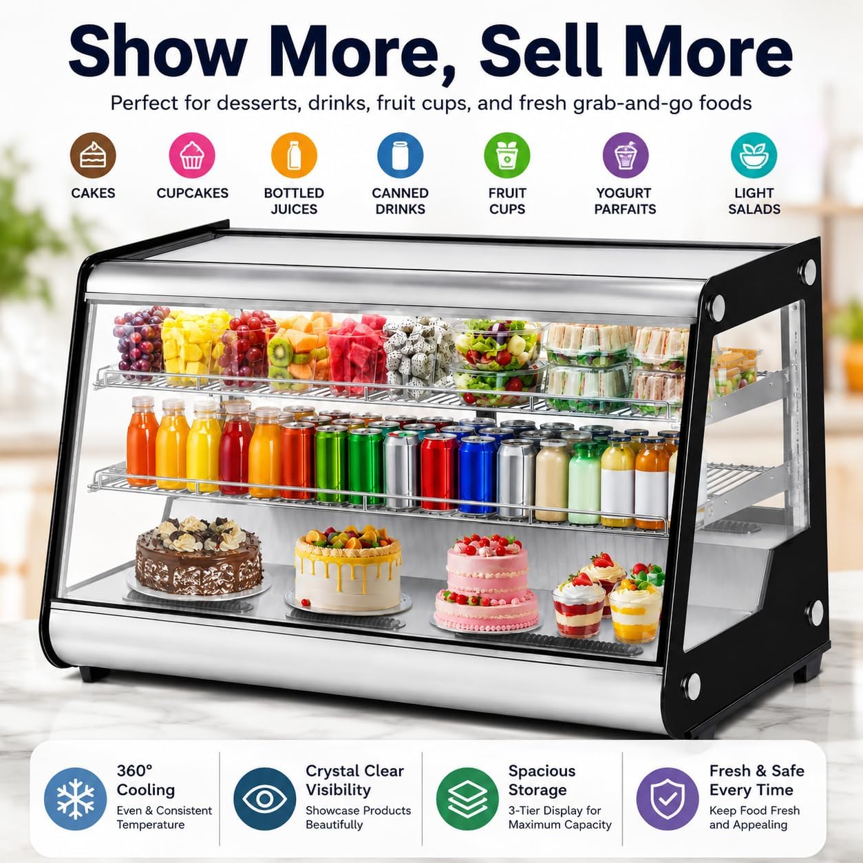 New Commercial Glass Door Refrigerator – Countertop Display Fridge with LED Lighting & Auto-Closing Door