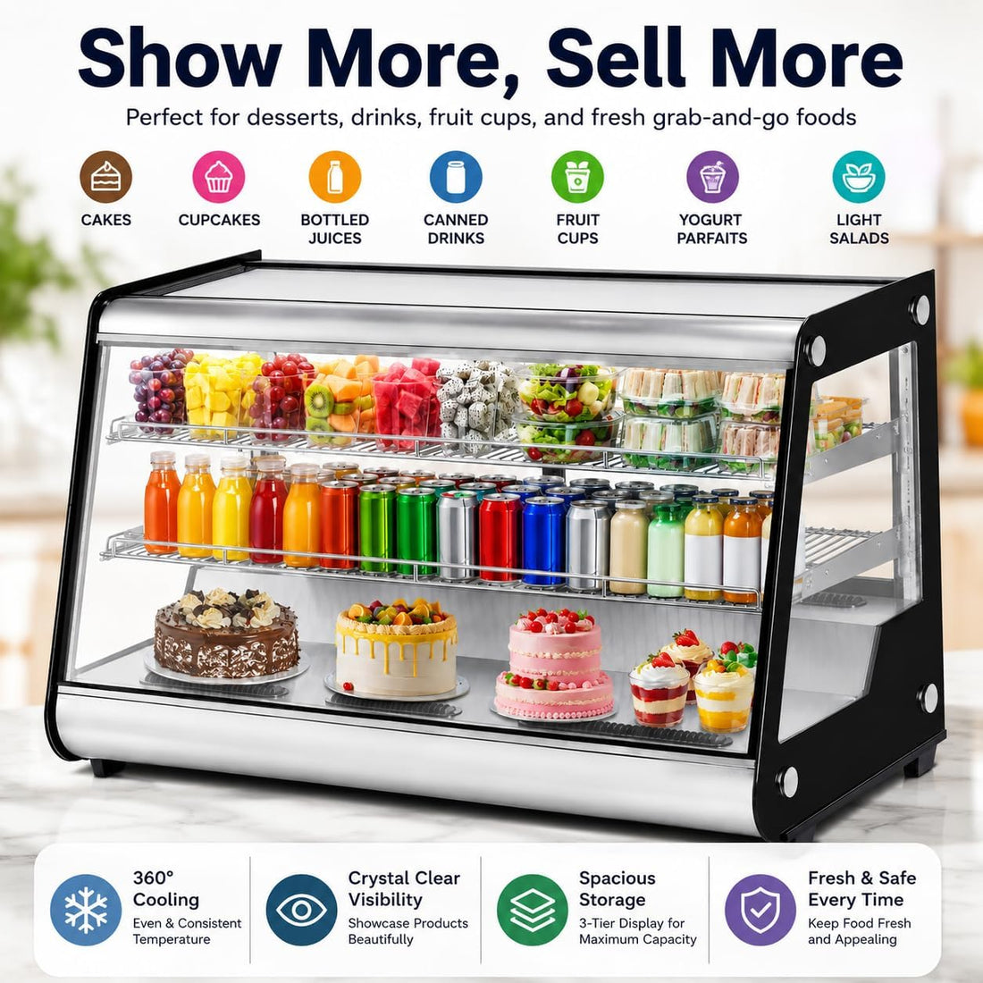 New Commercial Glass Door Refrigerator – Countertop Display Fridge with LED Lighting & Auto-Closing Door