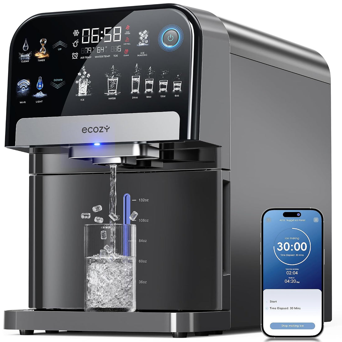 Premium Smart Nugget Ice Maker Dispenser – 2-in-1 Pebble Ice Machine & Water Dispenser