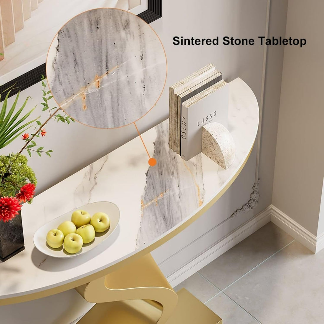 Marble-patterned table with apples and a book, featuring 'Sintered Stone Tabletop' text.
