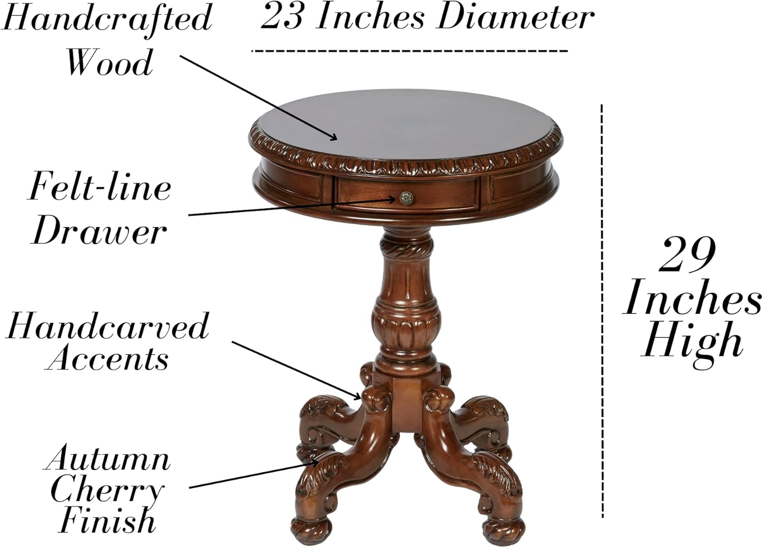 An annotated product diagram of a round wooden accent table with a single felt-line drawer, labeled with features such as handcrafted wood, 23 inches diameter, 29 inches high, handcarved accents, and autumn cherry finish.