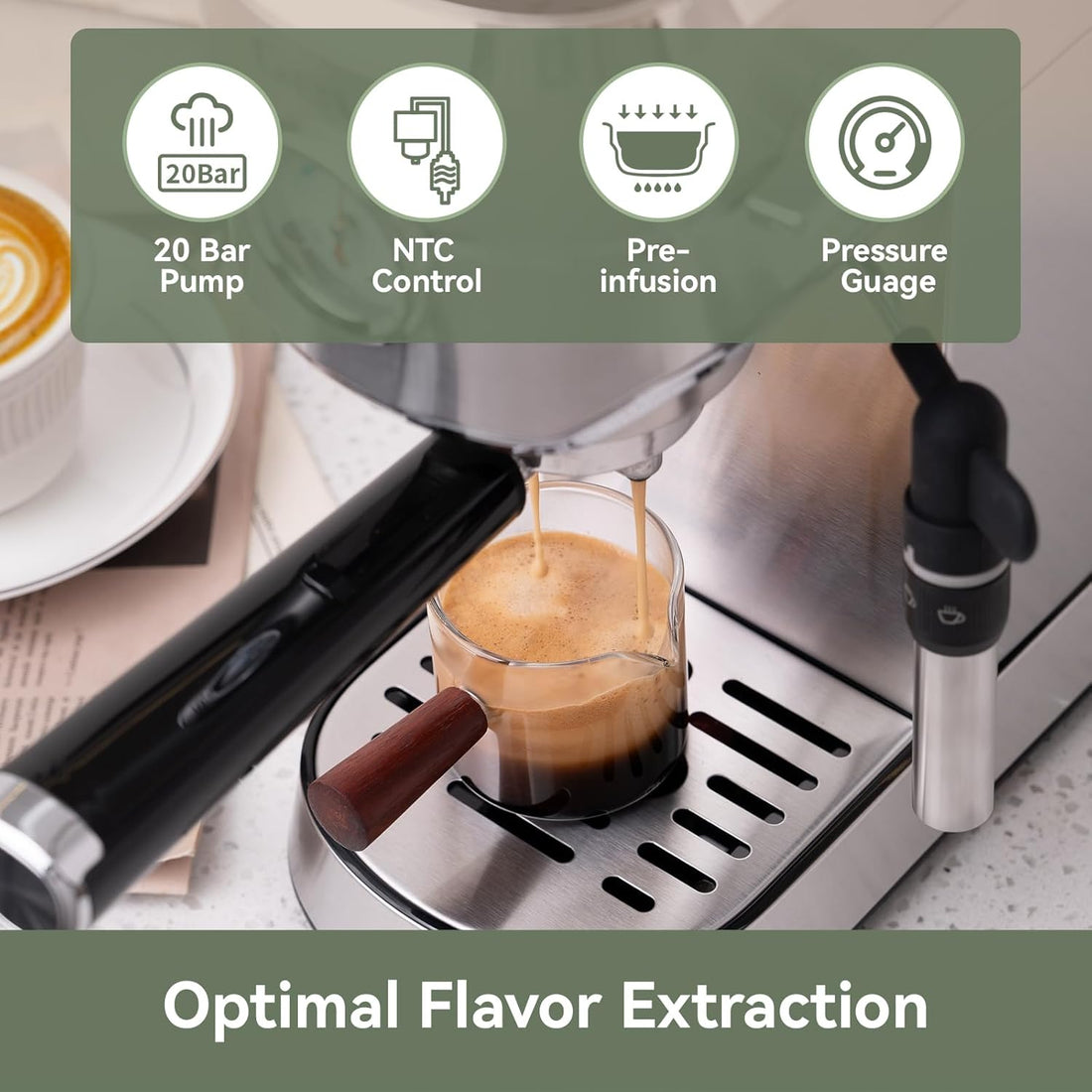 New Stainless Espresso Coffee Machine 20 Bar - Auto Milk Frother & Steam Wand, NTC Temp Control