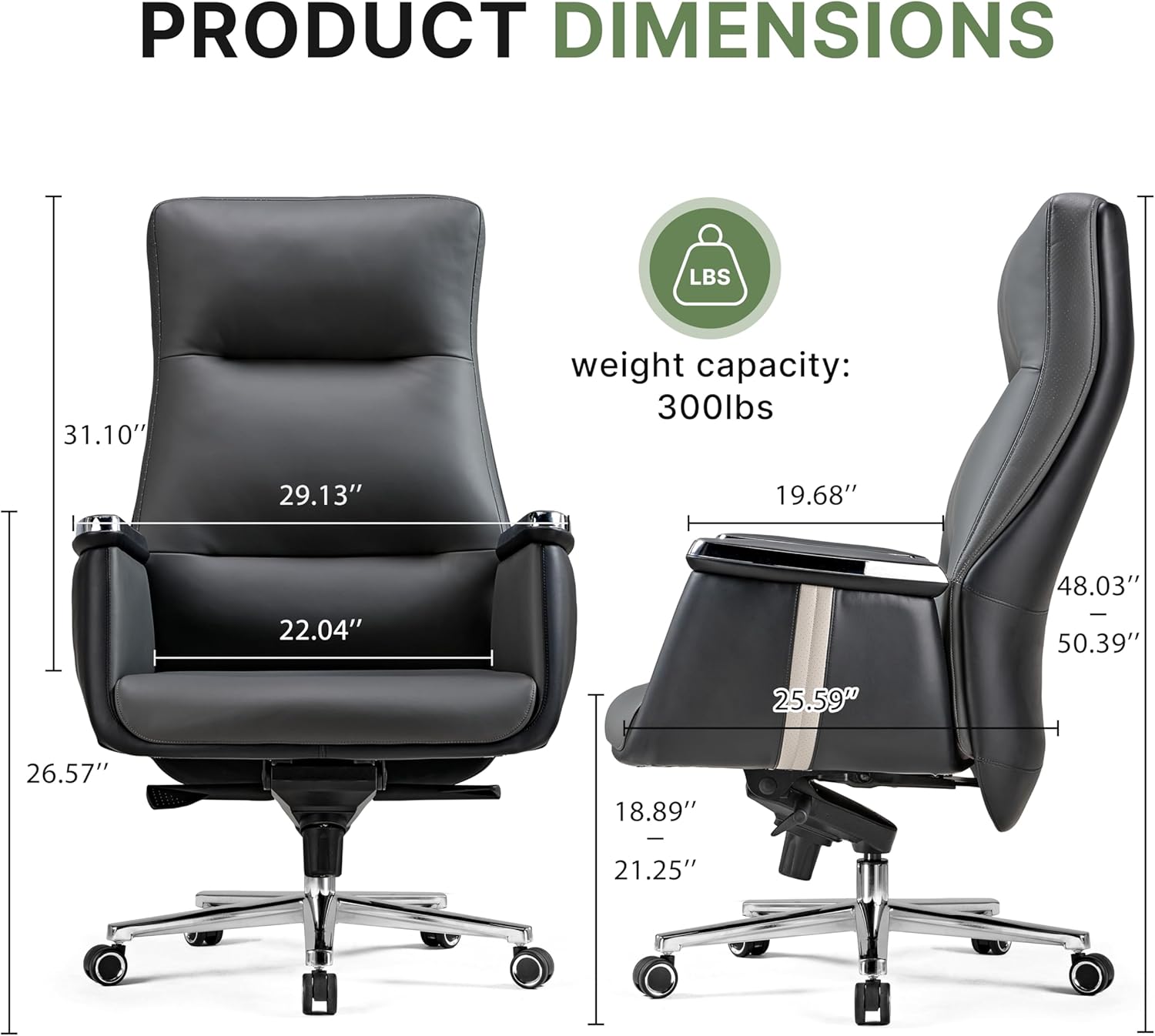 Black office chair with dimensions and weight capacity label on a white background