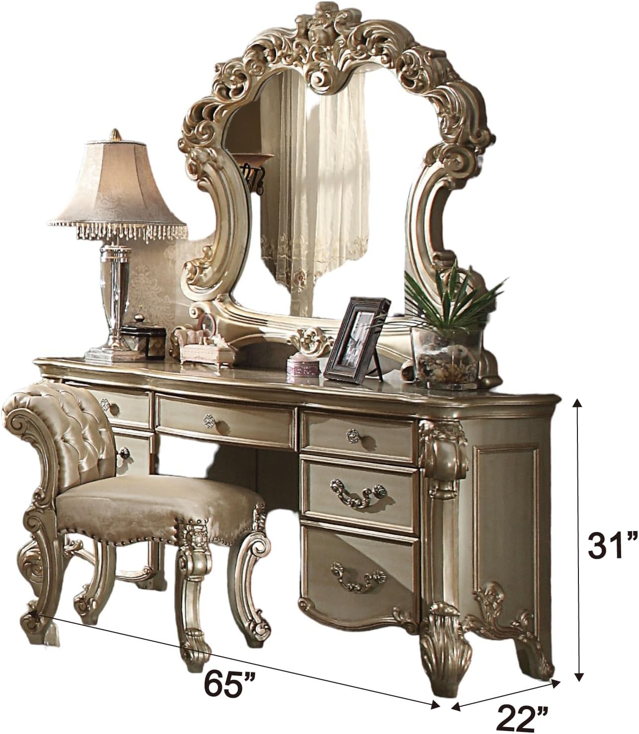 Royal Vanity Desk in Gold Patina & Bone – Luxury Dressing Table with Storage Drawers