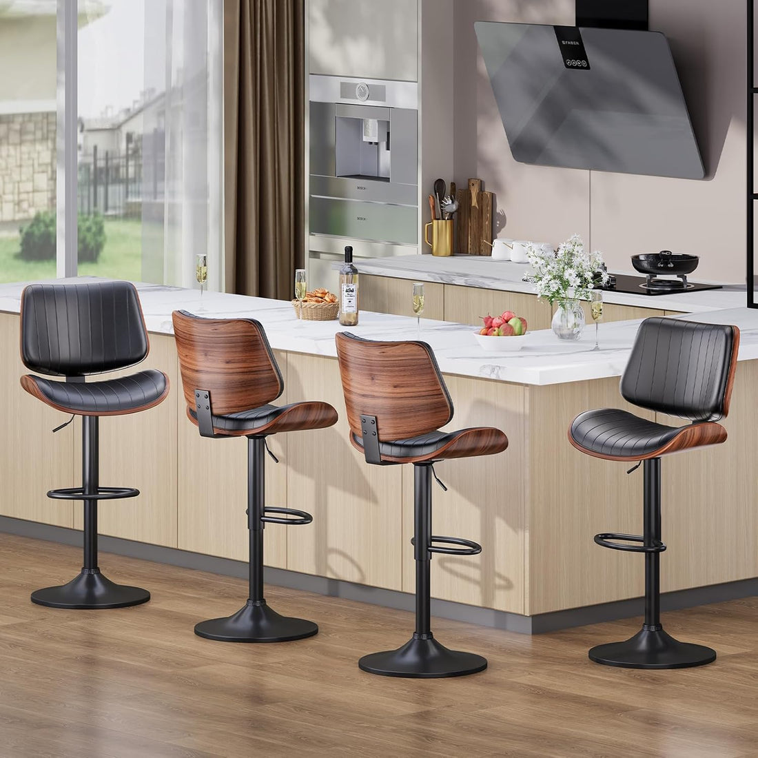 Bar Stools Set of 2, Bar Stools for Kitchen Island with Bentwood Back and Leather Seat, Swivel Barstools for Kitchen Counter, Bar, Black