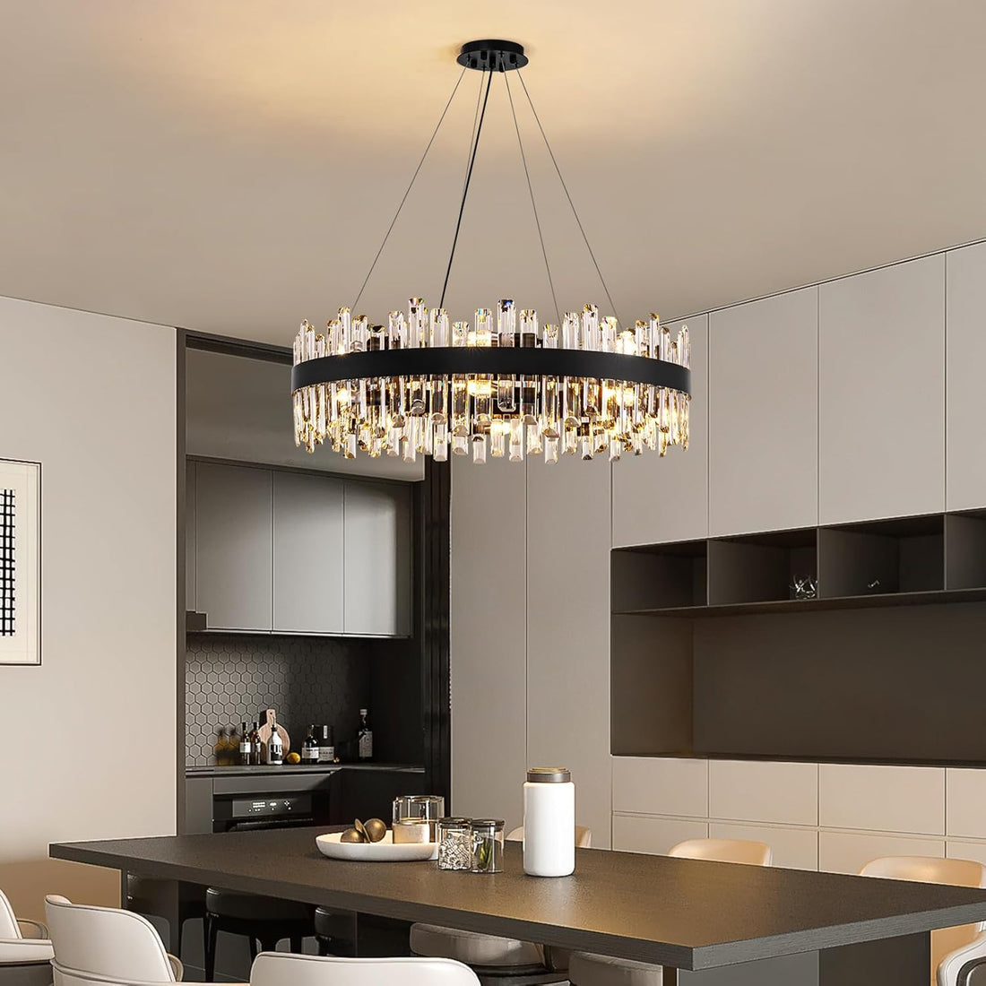 Modern Crystal Chandelier – 16-Light Farmhouse Black Round Raindrop Chandelier