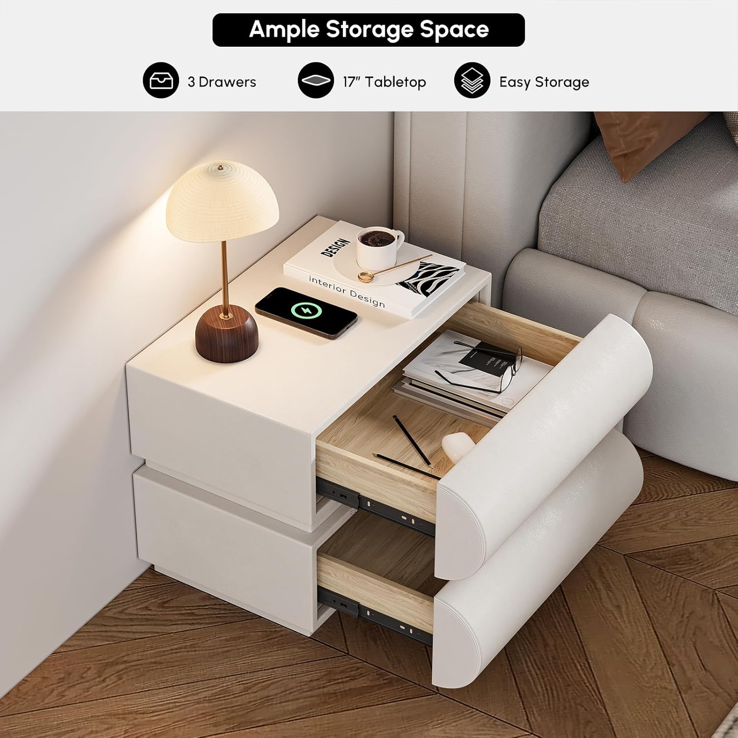 Smart Home Nightstand Modern Light Gray Leather Nightstand with Wireless Charger