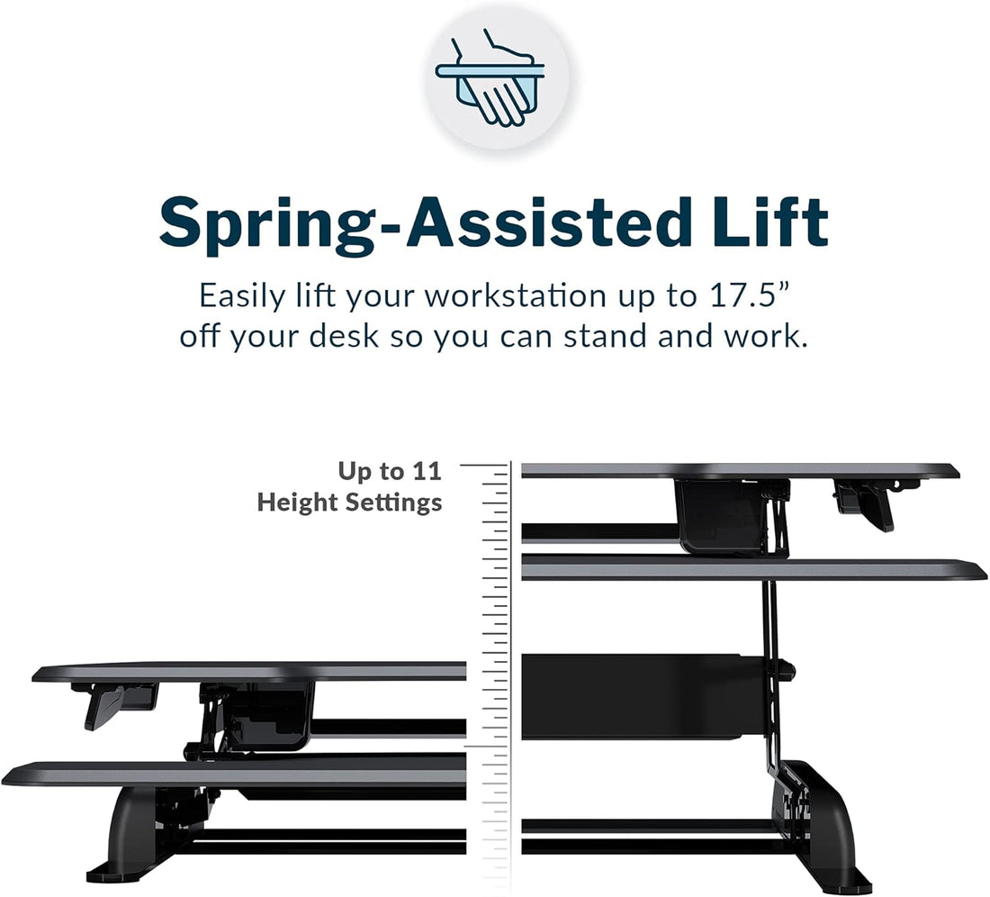 - desk Essential 36 - Two-Tier Standing Desk Converter for Monitor & Accessories - Height Adjustable Sit Stand Desk - Fully Assembled Monitor Riser for Home Office - 36" Wide, Black